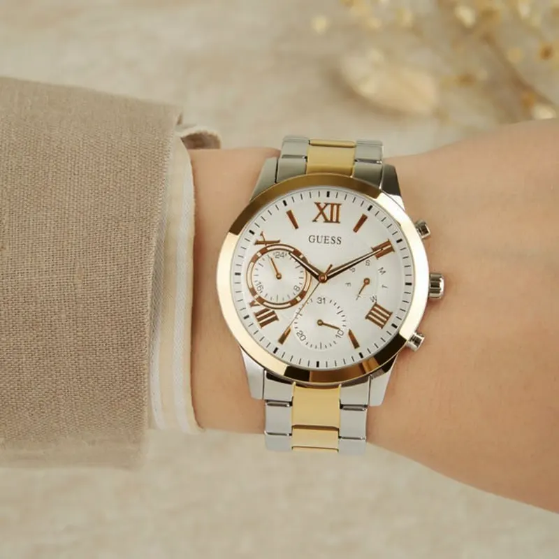 Guess Solar Crystal White Dial Two-tone Ladies Watch- W1070L8